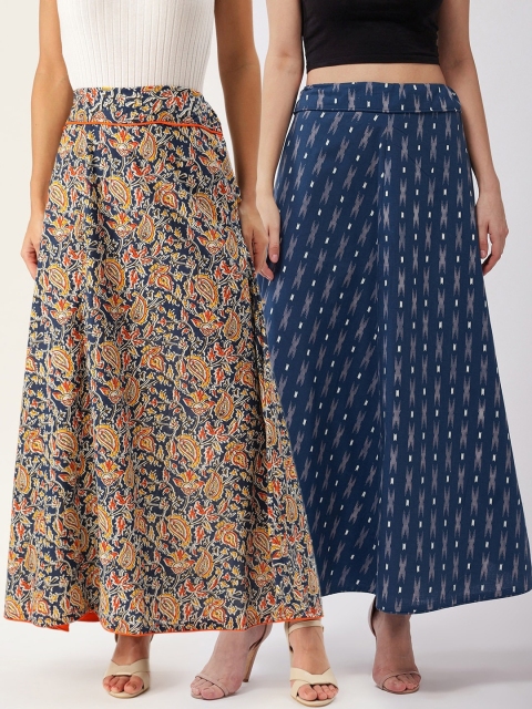 

InWeave Women Pack of 2 Printed Pure Cotton A-Line Maxi Skirt, Blue