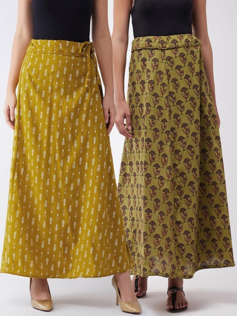 

InWeave Women Pack Of 2 Printed Pure Cotton A-Line Maxi Skirts, Olive