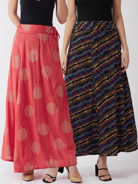 

InWeave Women Pack Of 2 Printed Pure Cotton A-Line Maxi Skirts, Coral