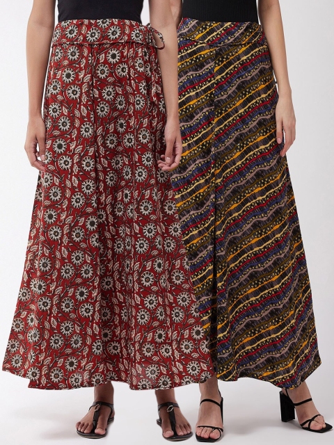

InWeave Women Pack Of 2 Maroon & Blue Printed Pure Cotton A-Line Maxi Skirt