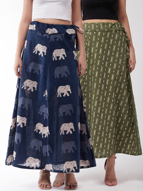 

InWeave Women Pack Of 2 Printed Pure Cotton A-Line Maxi Skirts, Navy blue