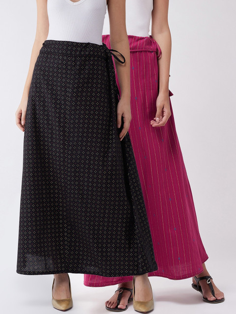 

InWeave Women Pack Of 2 Printed Pure Cotton A-Line Maxi Skirts, Black