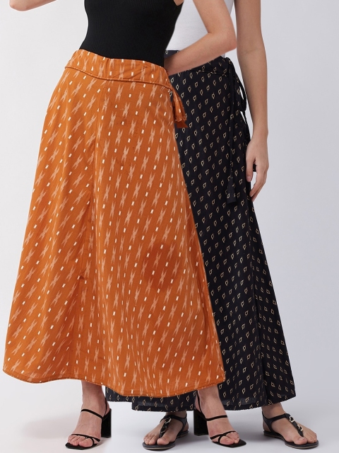 

InWeave Women Pack Of 2 Printed Pure Cotton A-Line Maxi Skirt, Black