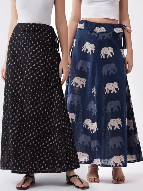 

InWeave Women Pack Of 2 Printed Pure Cotton A-Line Maxi Skirts, Black