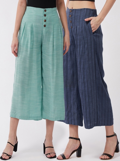 

InWeave Women Navy Blue & Sea Green Pleated Culottes Trousers