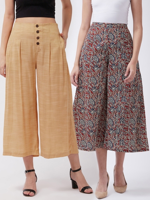 

InWeave Women Set Of 2 High-Rise Pleated Culottes Trousers, Yellow