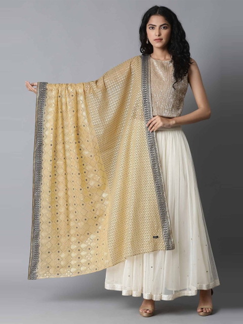 

elleven Woman Gold-Toned & Navy Blue Printed Foil Print Dupatta