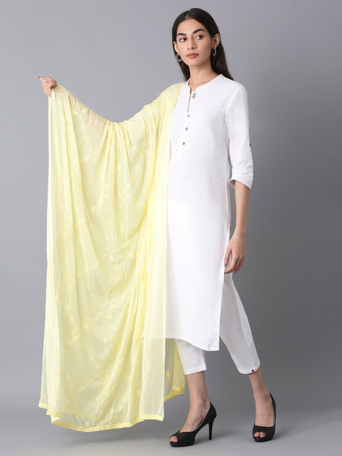 

elleven Yellow Embroidered Dupatta with Thread Work