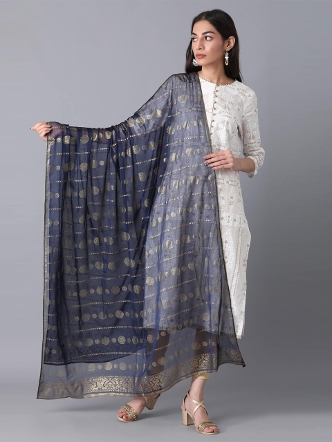 

elleven Navy Blue & Gold-Toned Ethnic Motifs Woven Design Dupatta