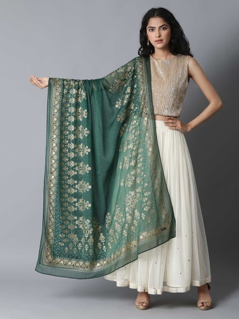 

elleven Green & Gold-Toned Ethnic Motifs Printed Dupatta