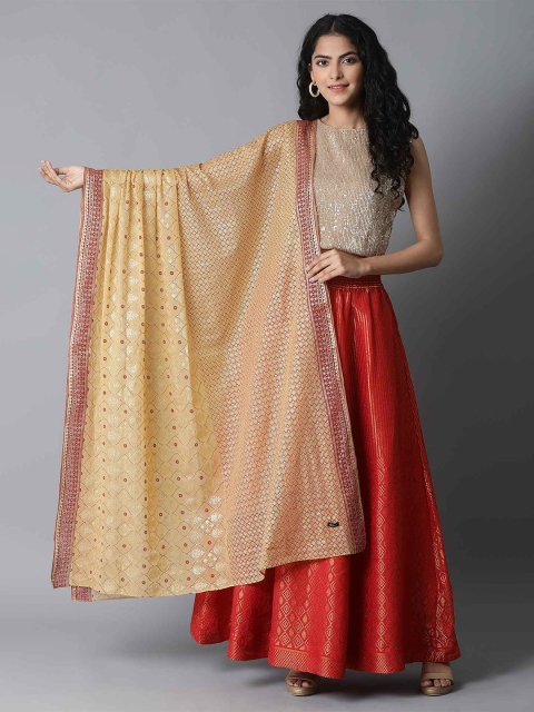 

elleven Gold-Toned & Red Ethnic Motifs Printed Foil Print Dupatta
