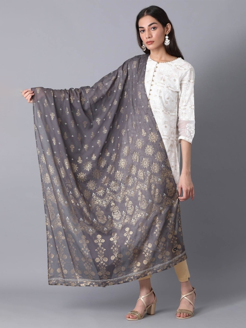 

elleven Women Grey & Gold-Toned Printed Pure Cotton Dupatta