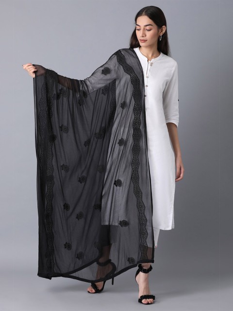 

elleven Women Black Embroidered Dupatta with Thread Work