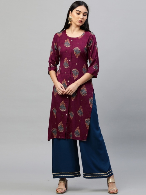 

FASHOR Women Burgundy Ethnic Motifs Printed Angrakha Kurti with Palazzos