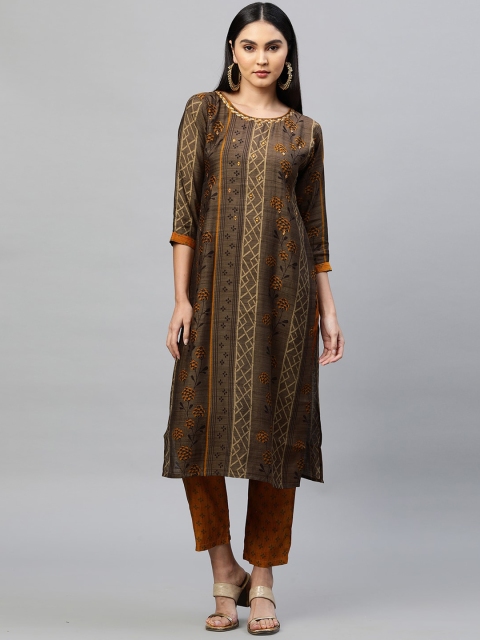 

FASHOR Women Brown Printed Thread Work Kurti with Trousers