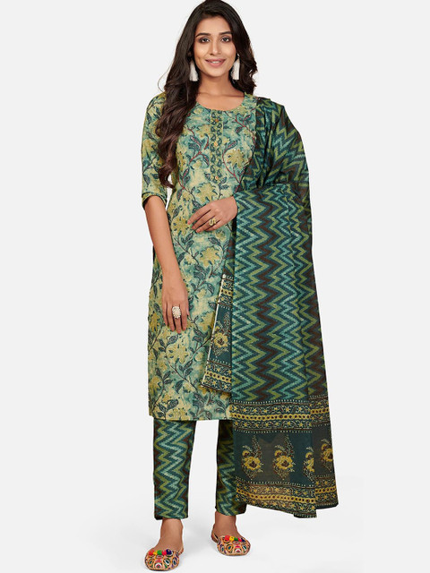 

Vbuyz Women Teal Floral Printed Regular Pure Cotton Kurti with Trousers & Dupatta