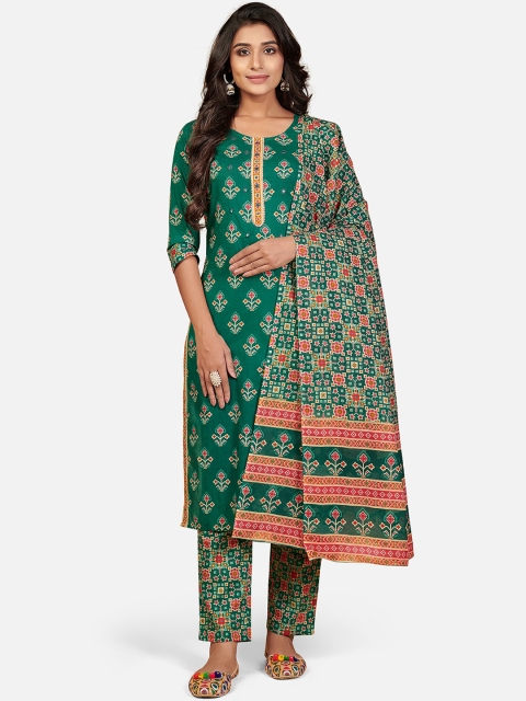 

Vbuyz Women Green Floral Printed Regular Pure Cotton Kurta with Trousers & Dupatta