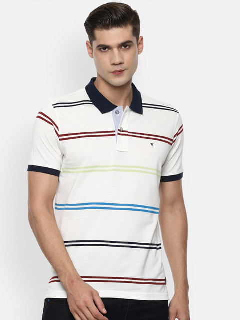 

Van Heusen Sport Men Cream-Coloured Striped Polo Collar Pockets T-shirt