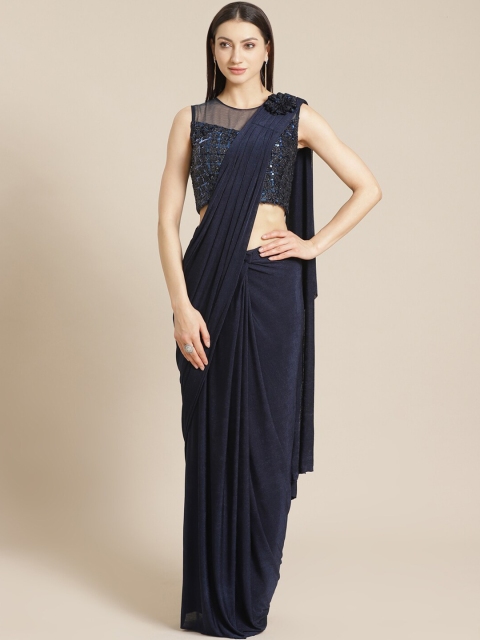 

KHALOM Navy Blue Solid Ready to Wear Saree Dress With Embellished Blouse