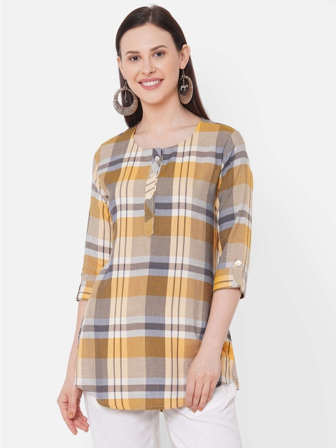 

ZOLA Women Yellow & Blue Viscose Rayon Checked Tunic
