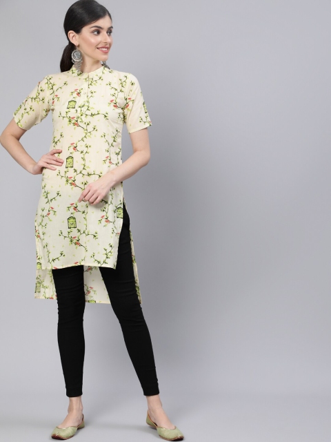 

Nayo Women Cream-Coloured & Green Floral Printed High-Low Kurta