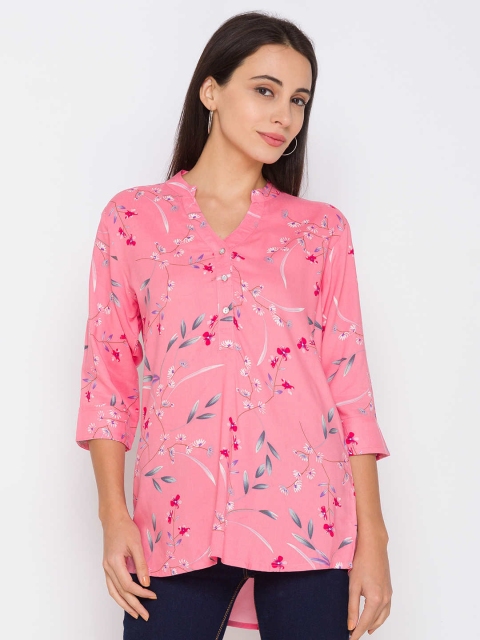 

ZOLA Pink & Red Viscose Rayon Mandarin Collar Printed Tunic