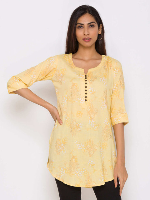 

ZOLA Women Yellow & White Viscose Rayon Floral Printed Tunic