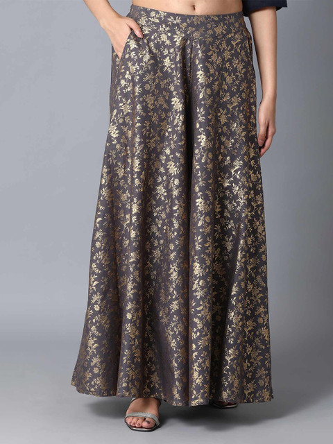 

elleven Women Grey & Gold-Toned Floral Printed Flared Palazzos