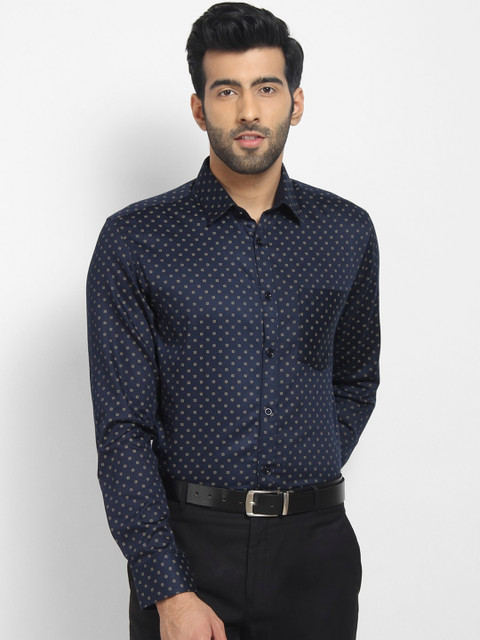 

cape canary Men Navy Blue Cotton Printed Formal Shirt