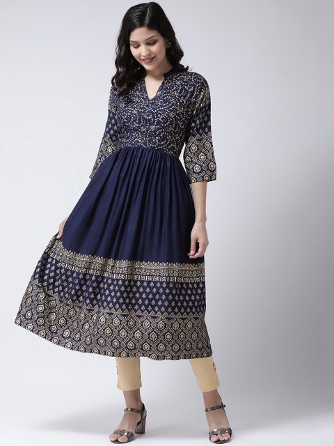 

Charitra Women Navy Blue Geometric Printed Anarkali Kurta