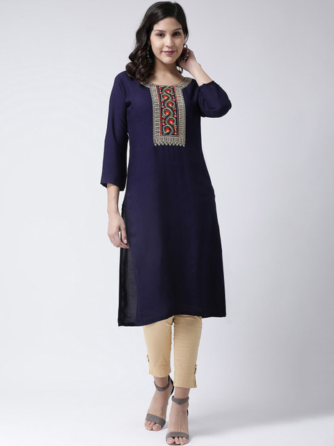 

Charitra Women Navy Blue Yoke Design Embroidered Kurta