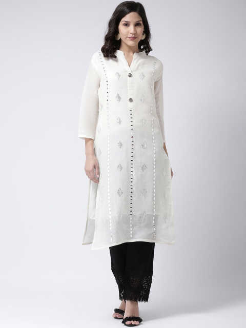 

Charitra Women Cream-Coloured Embroidered Mirror Work Kurta