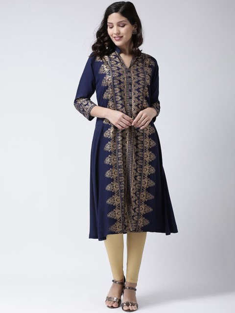 

Charitra Women Navy Blue Ethnic Motifs Foil Printed Kurta