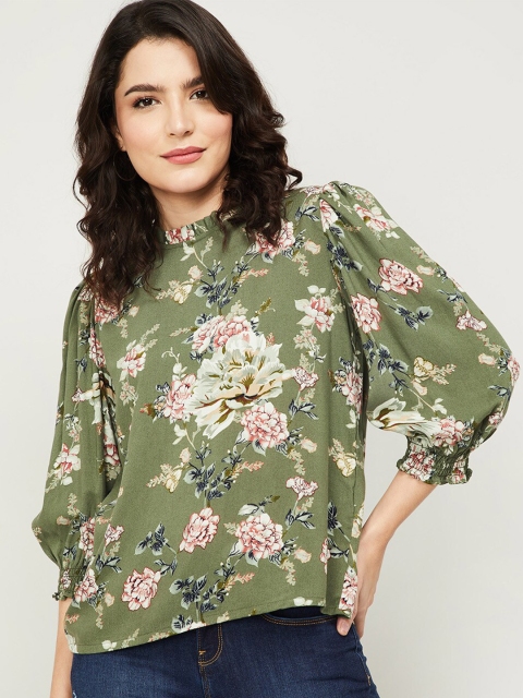 

Fame Forever by Lifestyle Olive Green Floral Mandarin Collar Regular Top