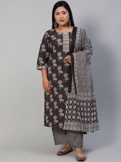 

Nayo Women Brown & White Floral Printed Pure Cotton Kurta With Palazzos & Dupatta