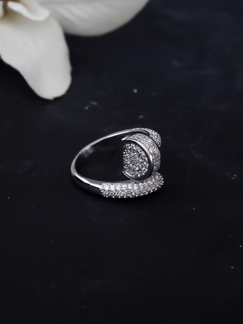 

Bellofox Silver-Toned White CZ-Studded Hooked Statement Finger Ring