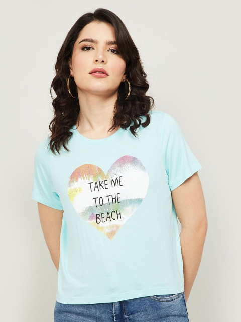 

Ginger by Lifestyle Women Blue & Off White Printed T-shirt
