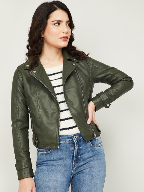 

Ginger by Lifestyle Women Olive Green Crop Biker Jacket