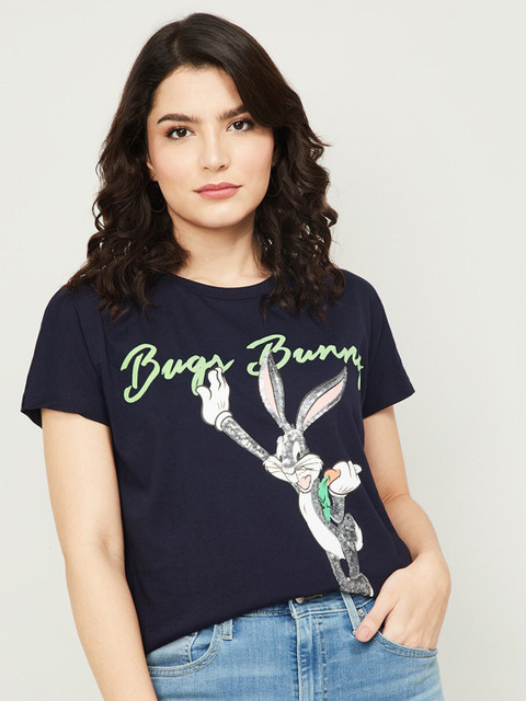 

Ginger by Lifestyle Women Navy Blue Looney Tunes Printed T-shirt