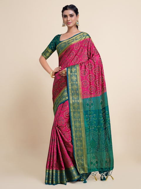 

MIMOSA Pink & Teal Woven Design Zari Art Silk Kanjeevaram Saree