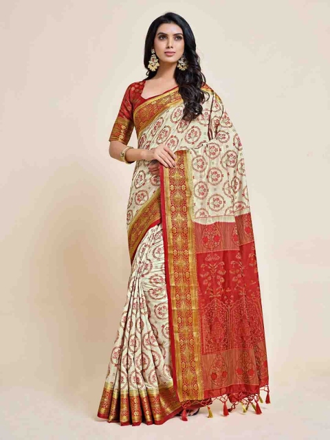 

MIMOSA Off White & Red Floral Zari Art Silk Kanjeevaram Saree