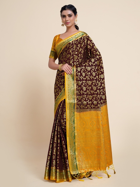 

MIMOSA Burgundy & Yellow Floral Zari Art Silk Kanjeevaram Saree