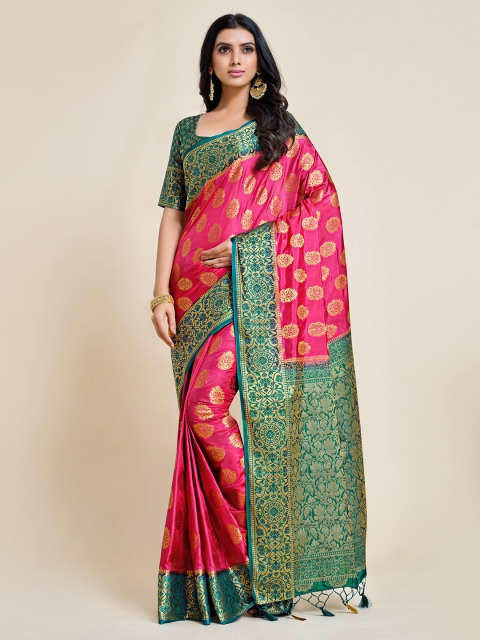 

MIMOSA Pink & Green Ethnic Motifs Zari Art Silk Kanjeevaram Saree