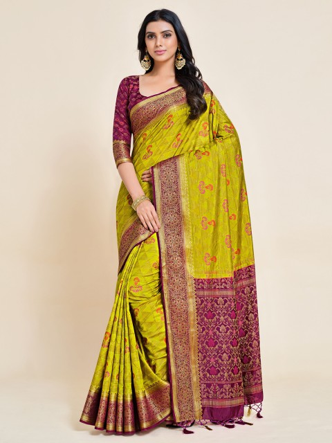 

MIMOSA Lime Green & Burgundy Floral Zari Art Silk Kanjeevaram Saree