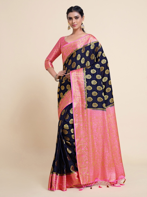 

MIMOSA Navy Blue & Pink Woven Design Zari Art Silk Kanjeevaram Saree
