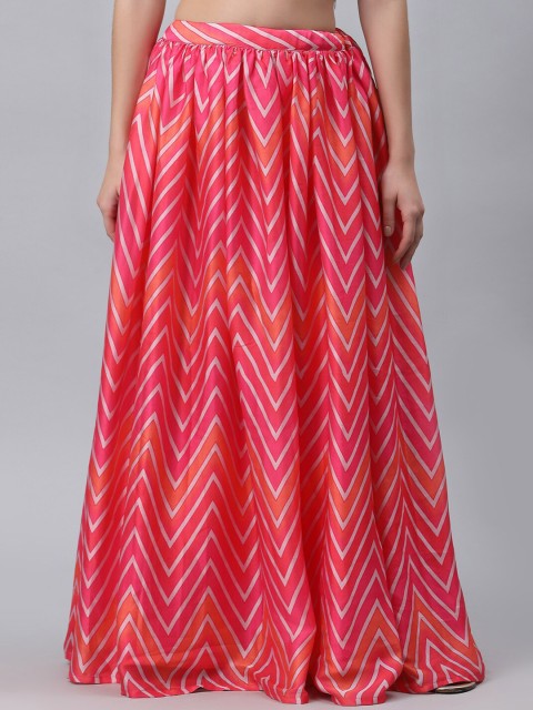 

studio rasa Women Fuchsia-Pink & White Digital Chevron Printed Satin A-Line Maxi Skirt