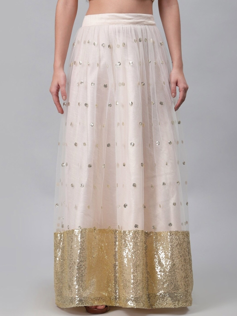 

studio rasa Women Off White & Gold Coloured Sequence Embellished Flared Maxi-Skirt