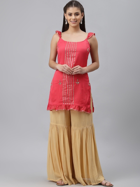 

studio rasa Women Coral Pink Embroidered Regular Kurti with Sharara & With Dupatta