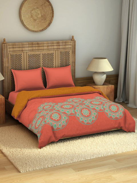 

SPACES Rangana Padmapriya Coral & Green Ethnic Motifs Printed Pure Cotton AC Room 210 GSM Double Bed Quilt
