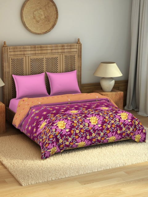 

SPACES Rangana Niyama Purple & Yellow Floral Printed Pure Cotton AC Room 210 GSM Double Bed Quilt